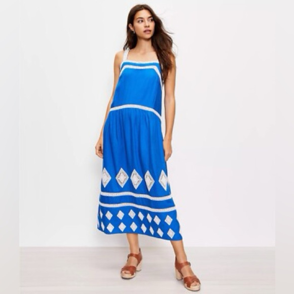 Ann Taylor Loft Blue Embroidered Linen Swing Midi Dress